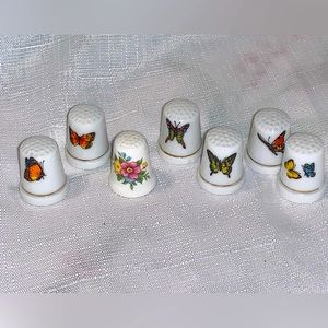 Set of 7 Thimbles Milk Glass Hand Painted Flowers Butterflies Sew Collectibles